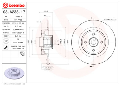 Jogo de discos de freio LINHA DE DISCOS DE ROLAMENTO BREMBO 08.A238.17