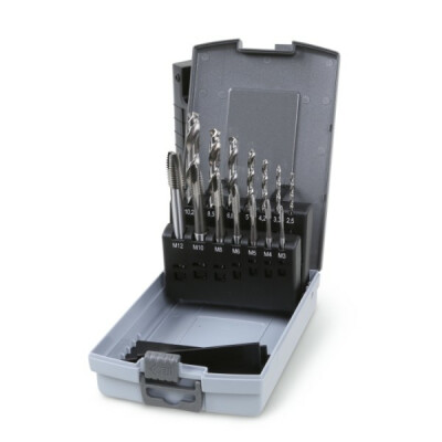 Conjunto de 7 machos para rosqueamento de máquina, rosqueamento métrico ISO, passo grosso e 7 brocas de pré-furação retificadas, em HSS